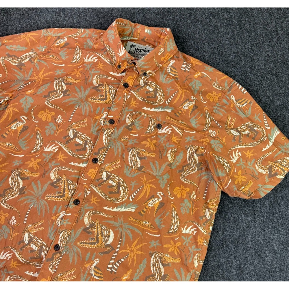 Howler Brothers Mansfield Shirt Mens L Orange Lazy Gators Print Short Sleeve